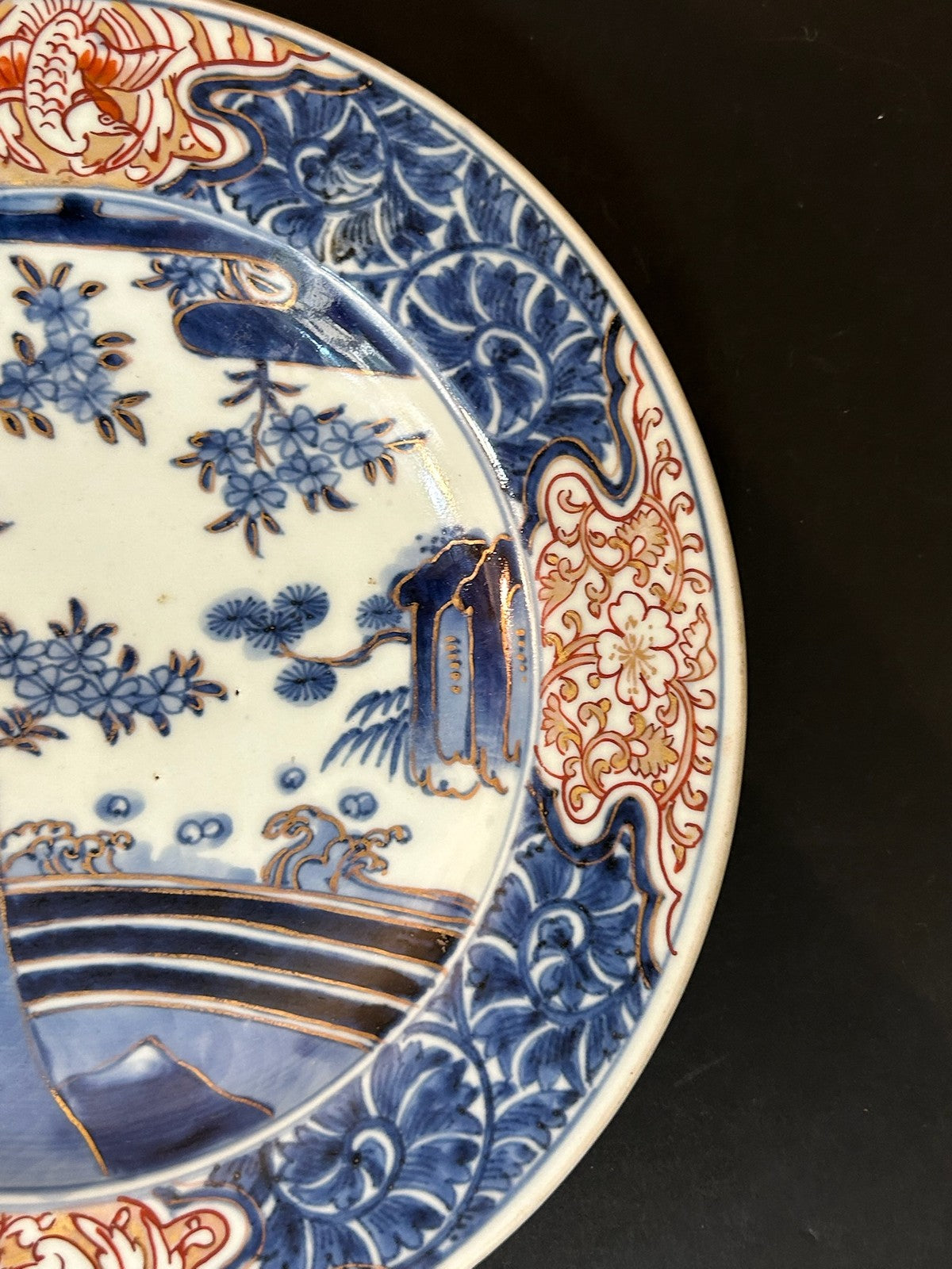 18th Century Japanese Arita Imari Dish Edo Pine Waves Chenghua Mark 24cm4