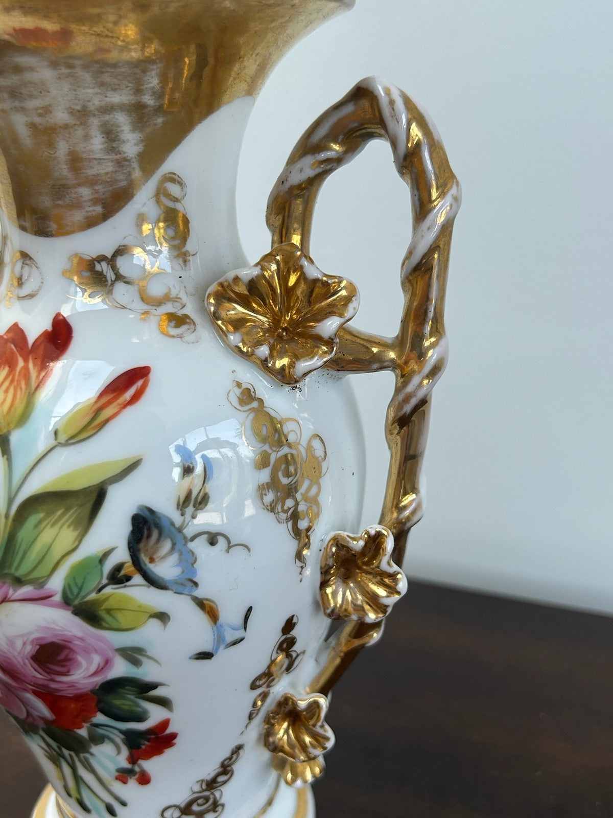 Old Paris Porcelain Twin Handled Vase Hand Painted Floral Gilt Handles2
