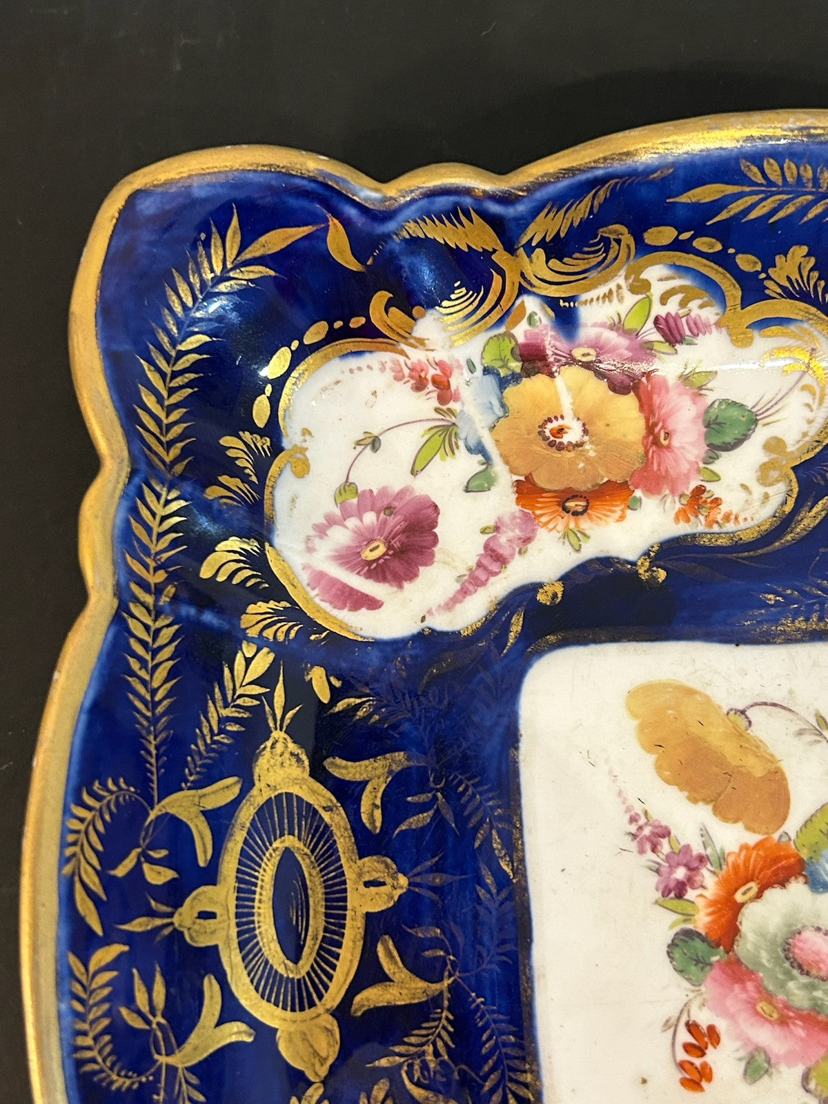 Antique English Porcelain Square Dish Cobalt Gilt Hand Painted Flowers A/F2