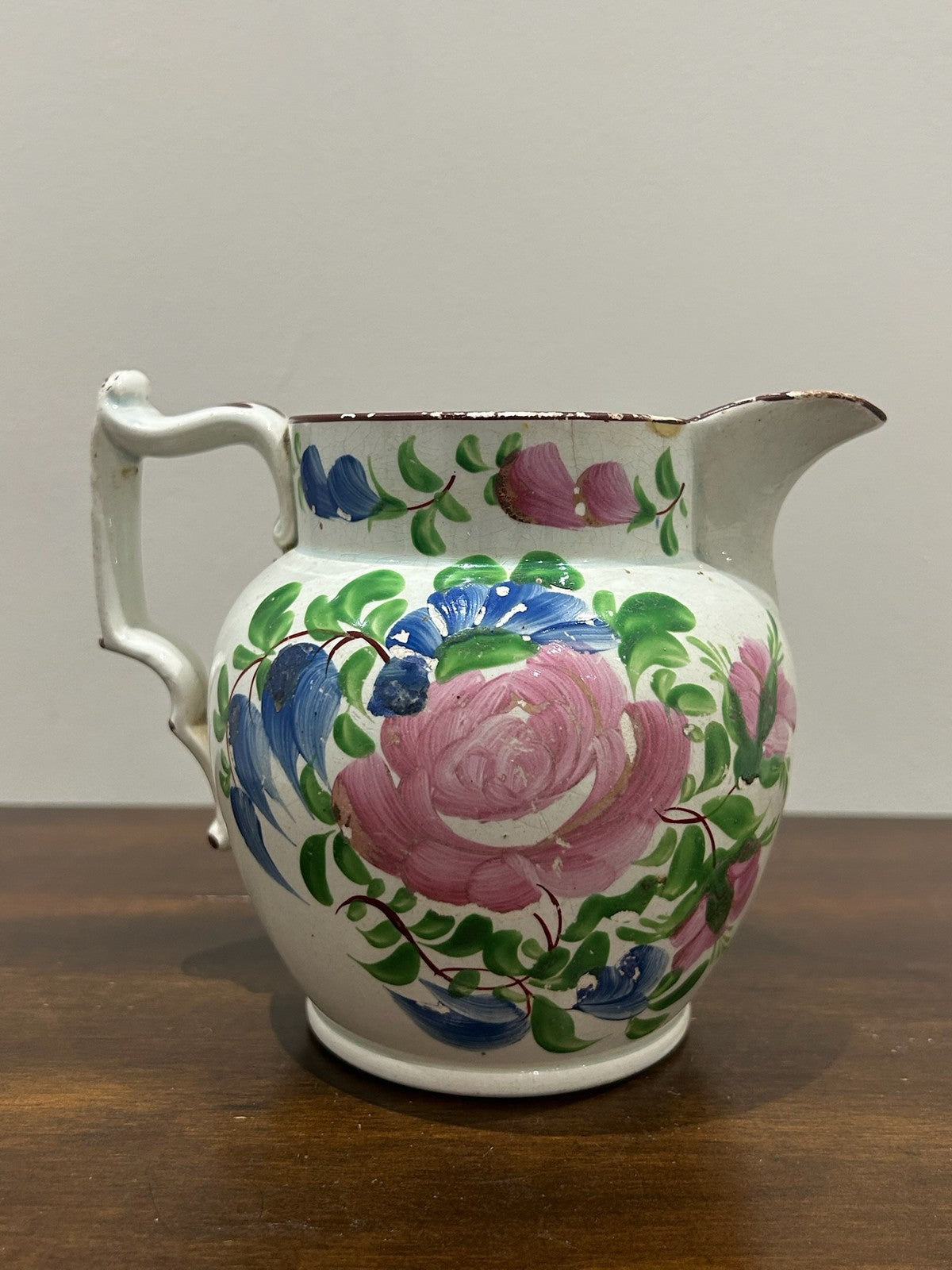 Georgian Pearlware Jug Hand Painted Enamel Pink Cabbage Rose c.18202