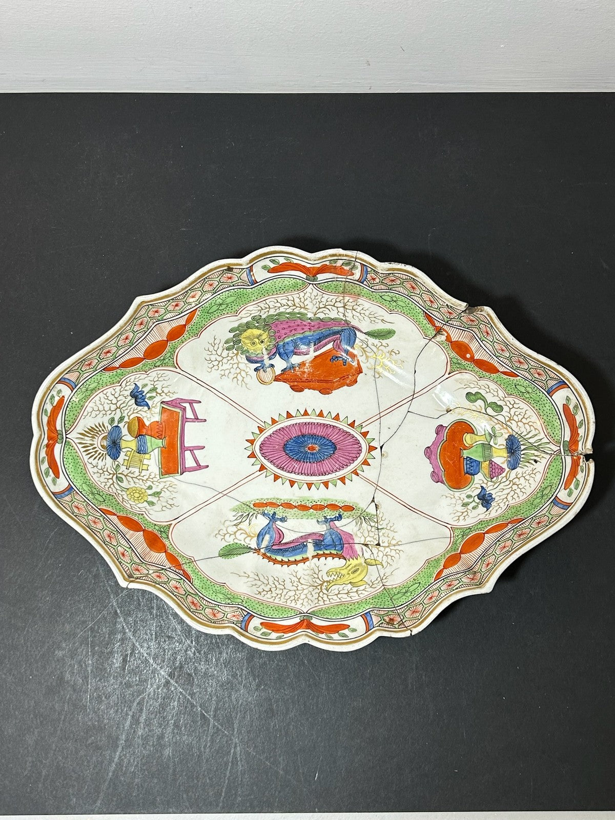 Antique Dragons in Compartments Pattern Lozenge Dish Chinoiserie Regency 30cm AF0