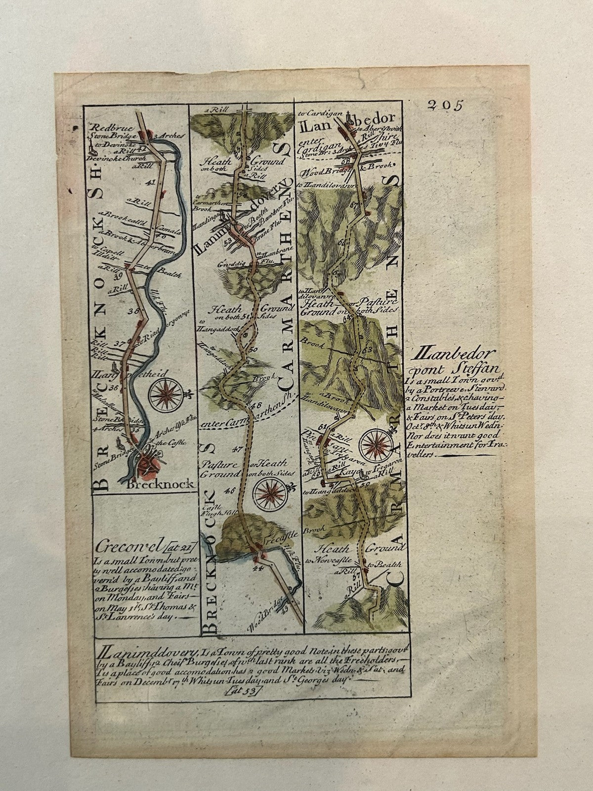 Owen Bowen Britannia Depicta Road Map Brecknock Llanbedr Wales c1720 Framed1