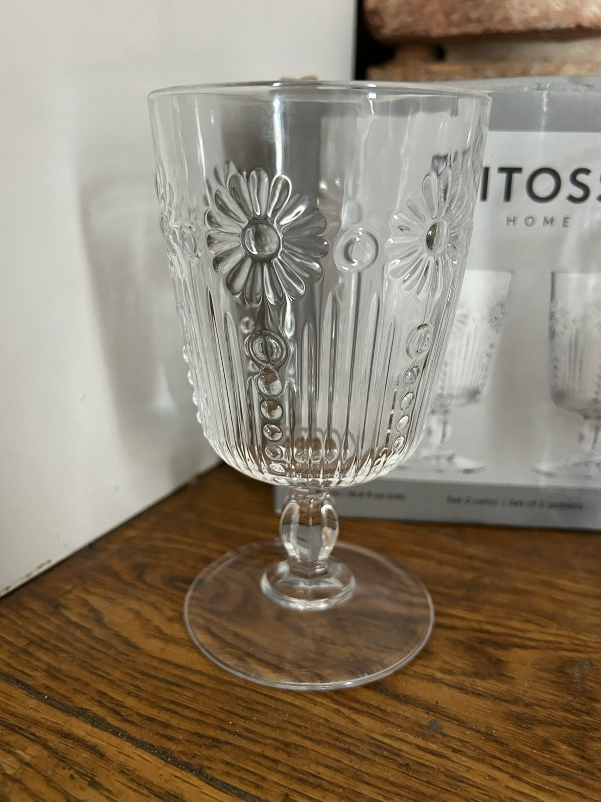 Bitossi Home Pair Embossed Glass Goblets Wine Water Glasses Boxed Made in Italy2