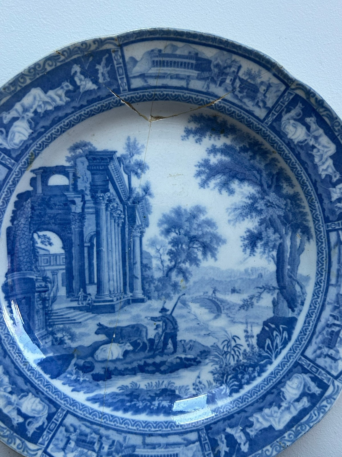 Antique Staffordshire Blue White Transferware Plate Ruins Landscape c18203