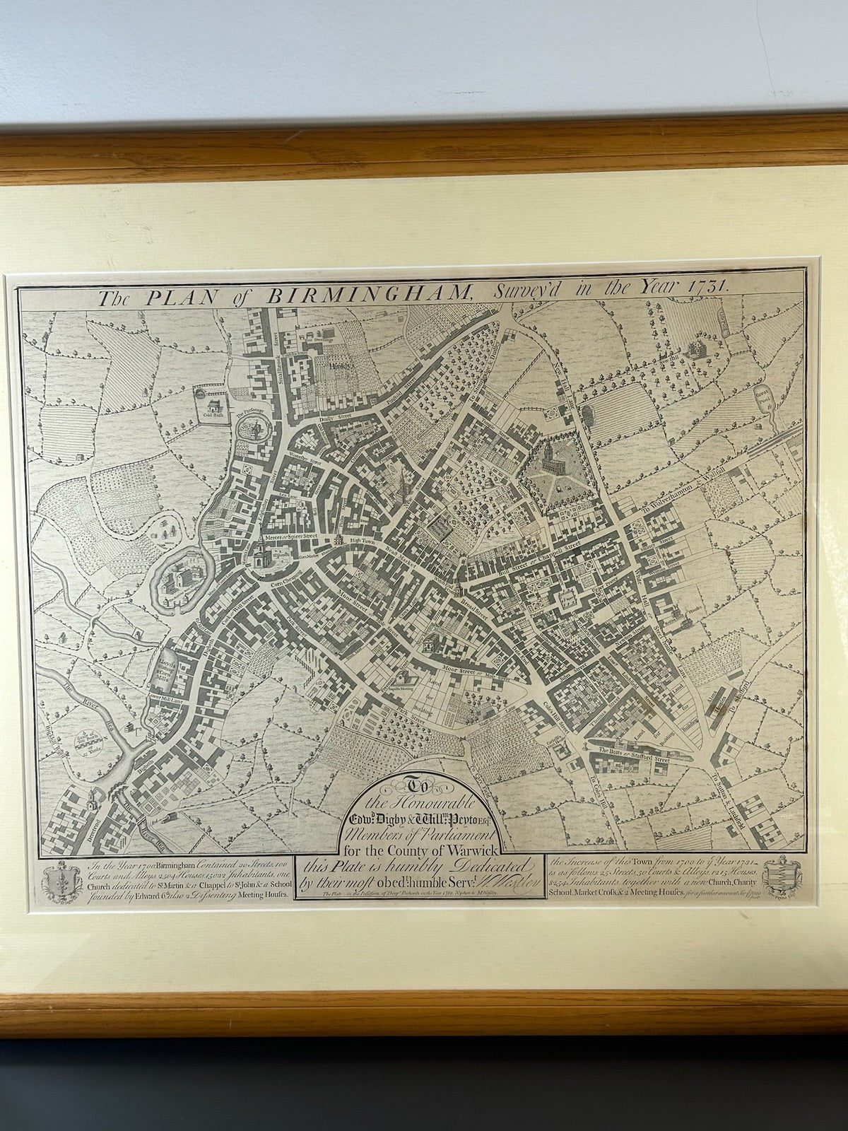 William Westley Plan of Birmingham 1731 18th Century Engraved Town Plan Framed2
