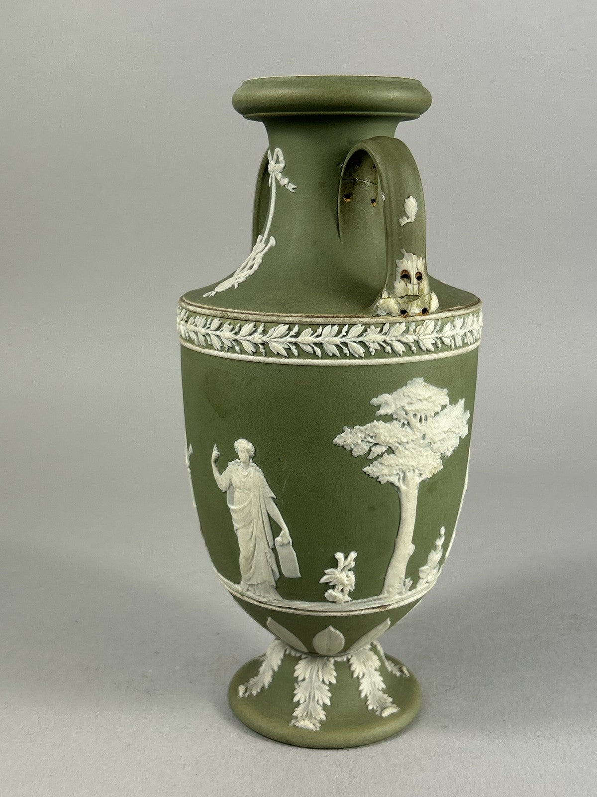 Antique Wedgwood Green Jasperware Trophy Vase with Classical Figures