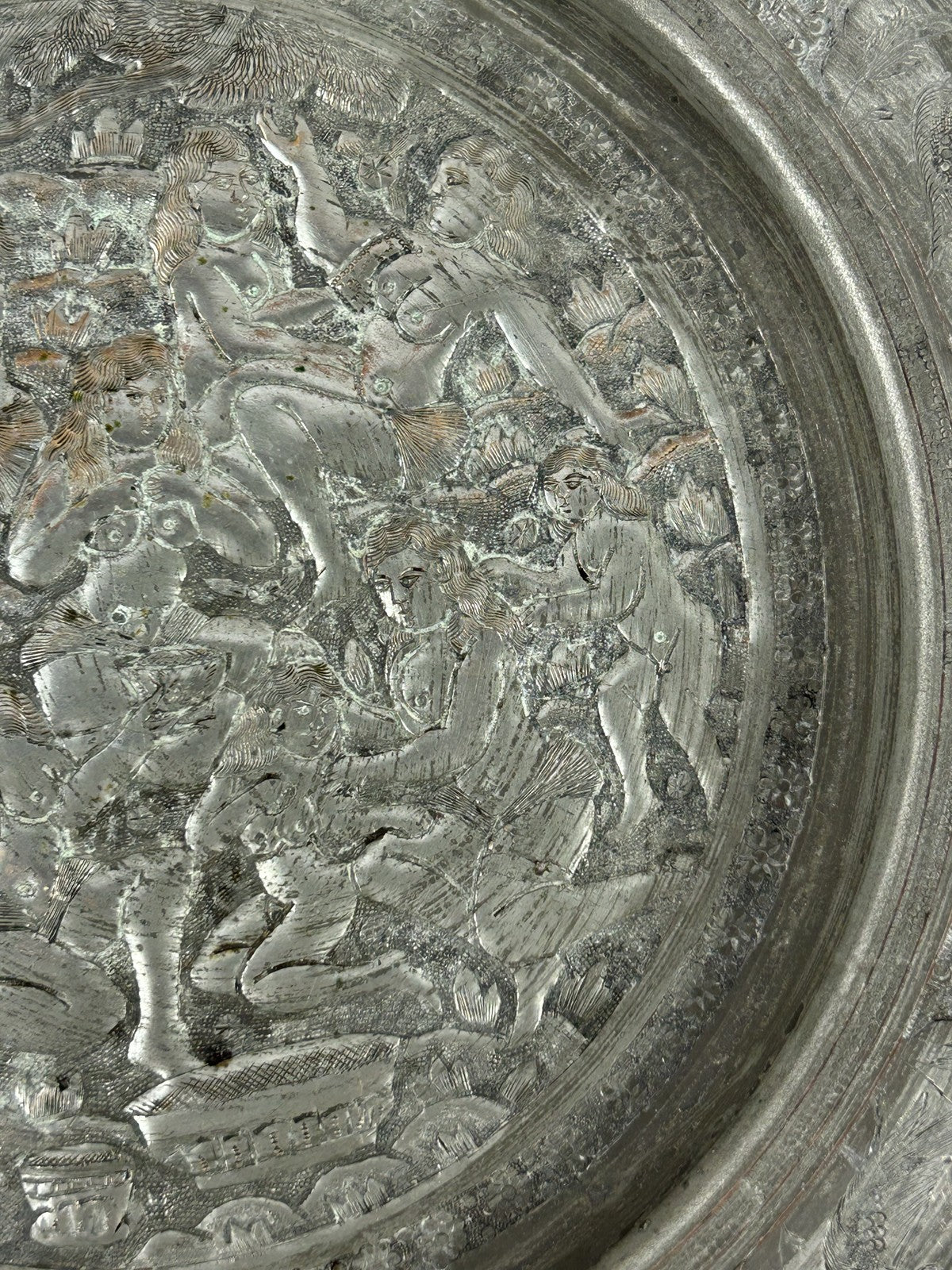 Antique Persian Silvered Copper Erotic Nude Figures Dish 23cm