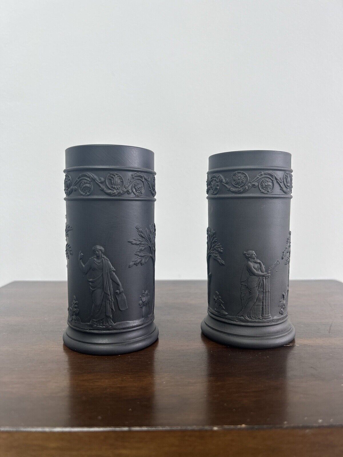 Wedgwood Black Basalt Jasperware Spill Vases Brush Vase Pair Basalt