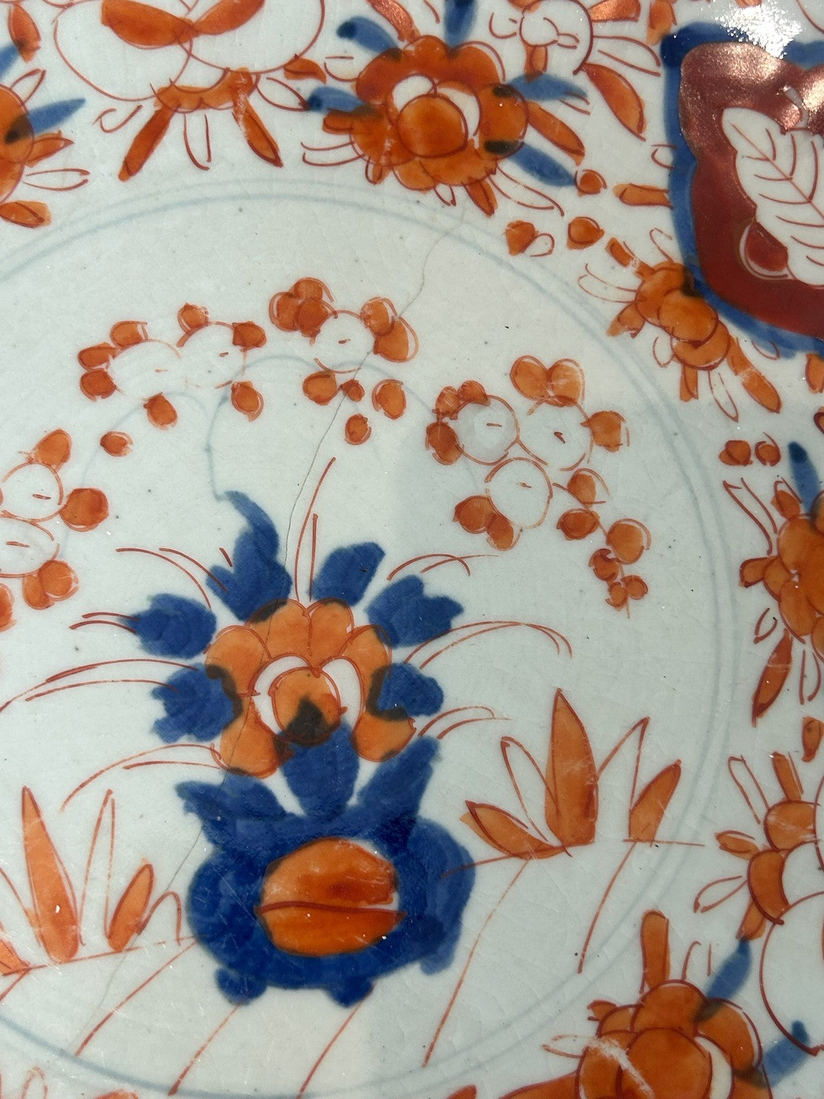 Antique Japanese Imari Porcelain Plate Iron Red Blue A/F Chip4