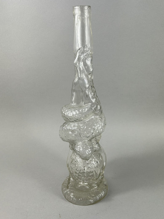 Antique clear glass snake and dolphin liquor bottle, 37cm crafts display