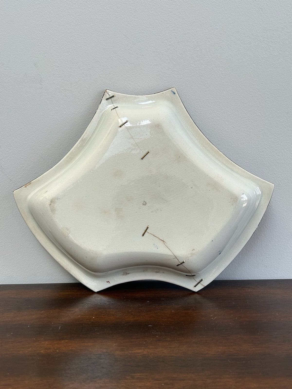 Antique Staffordshire Blue Puce Transfer Shaped Dish Old Staple Repairs7