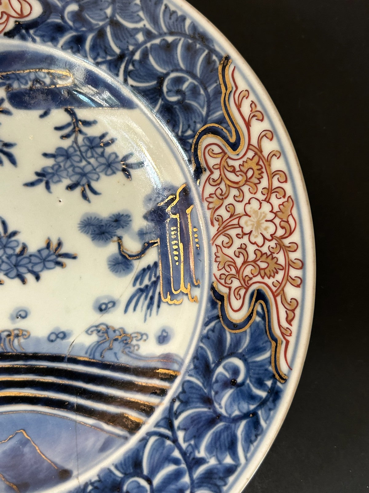 18th Century Japanese Arita Imari Dish Edo Pine Waves Chenghua Mark 23cm A/F3