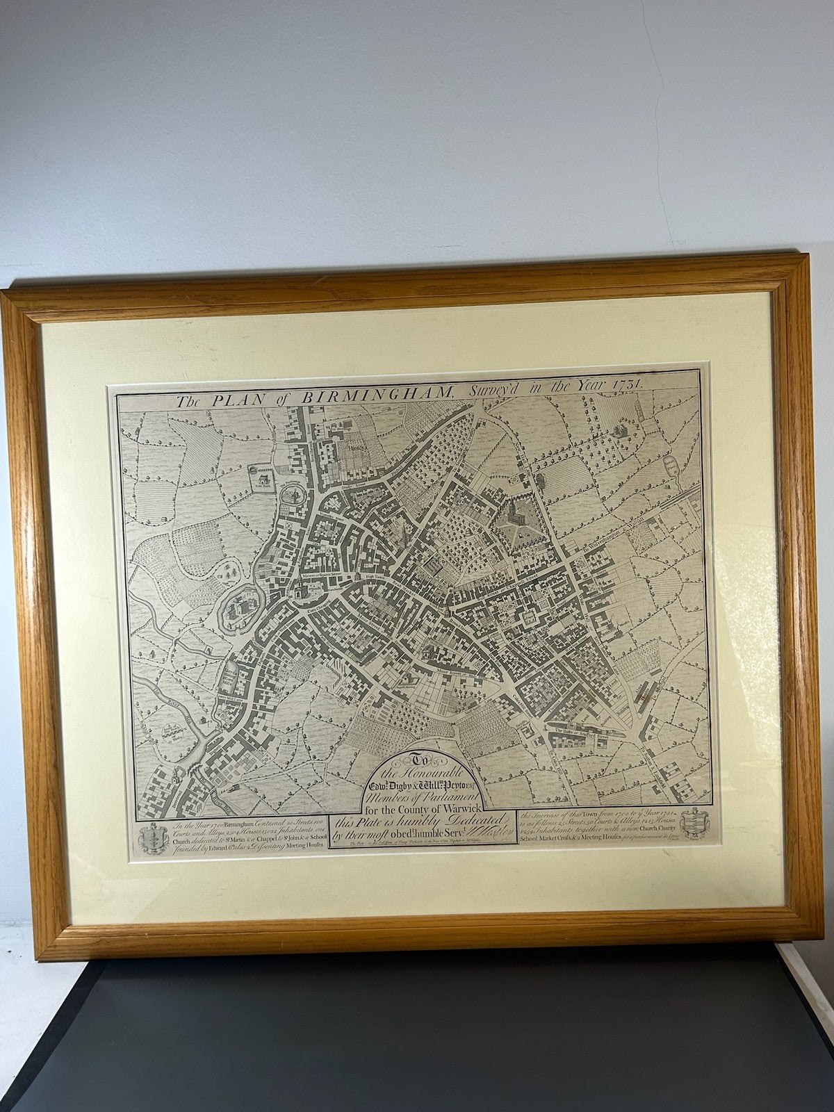 William Westley Plan of Birmingham 1731 18th Century Engraved Town Plan Framed1