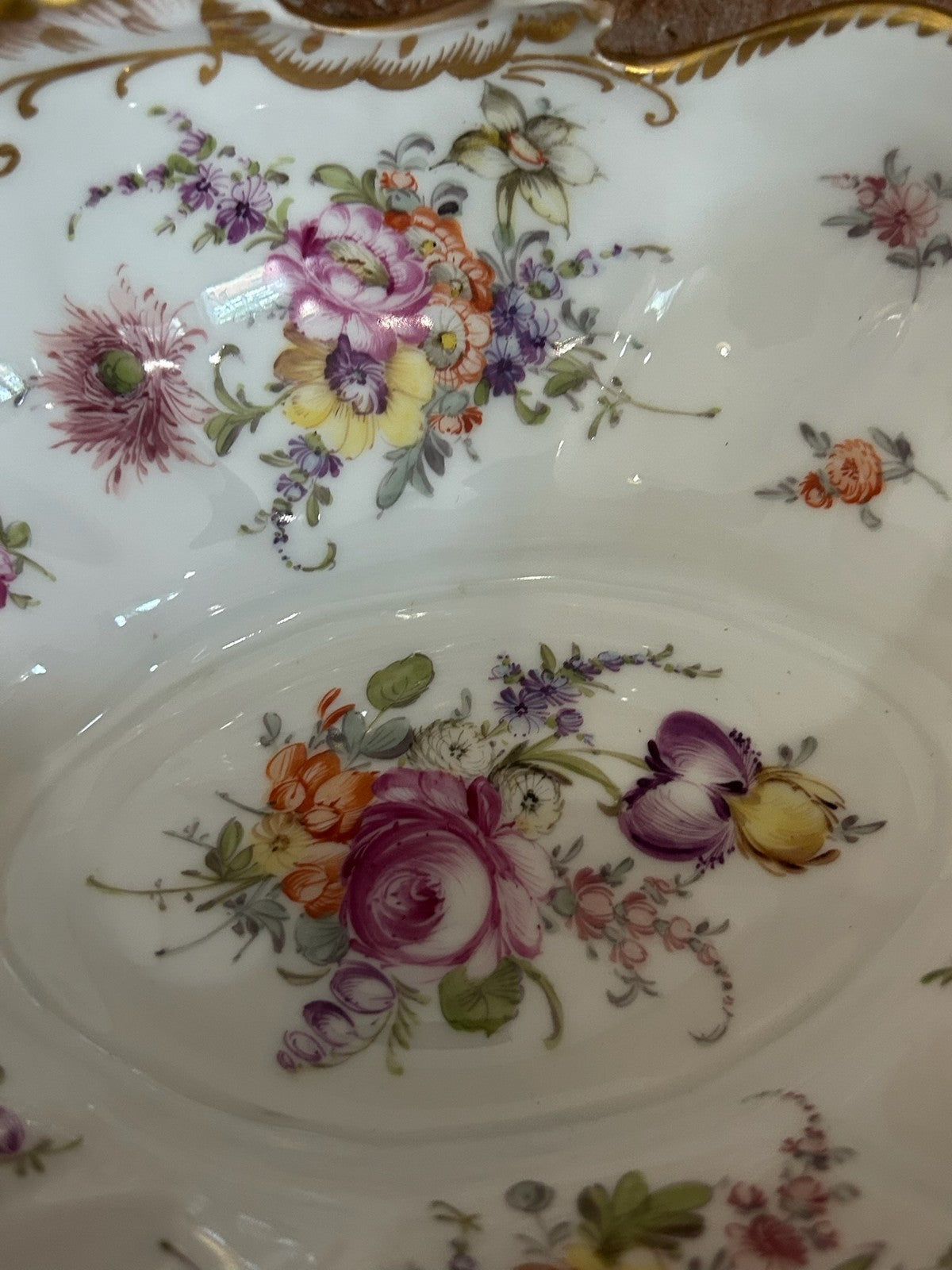 Dresden Porcelain Shaped Dish Hand Painted Flowers Gilt Scroll Rim Crown Mark10