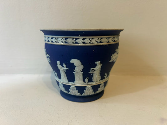 Wedgwood Dark Blue Dip Jasperware Jardiniere Planter Classical Relief 10cm0