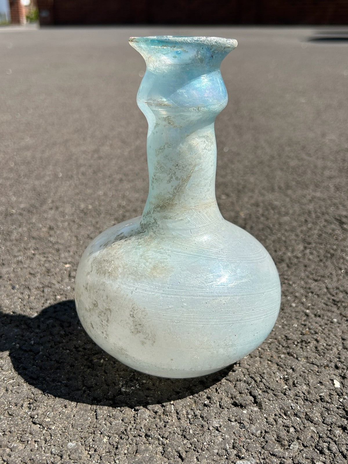 Vintage Iridescent Glass Ewer Pale Blue Roman Style Turquoise Handle Art Glass2