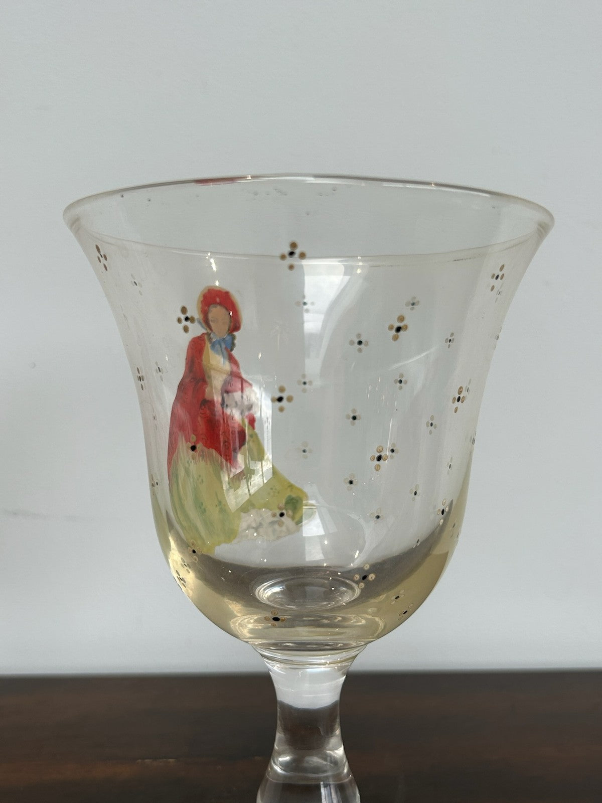 Antique Hand Painted Glass Goblet Lady in Crinoline Dress 19cm Pontil Mark6