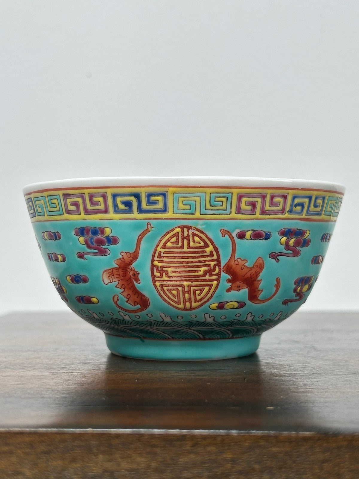 Pair Chinese Famille Rose Turquoise Ground Bats & Shou Bowls Jingdezhen Mark7