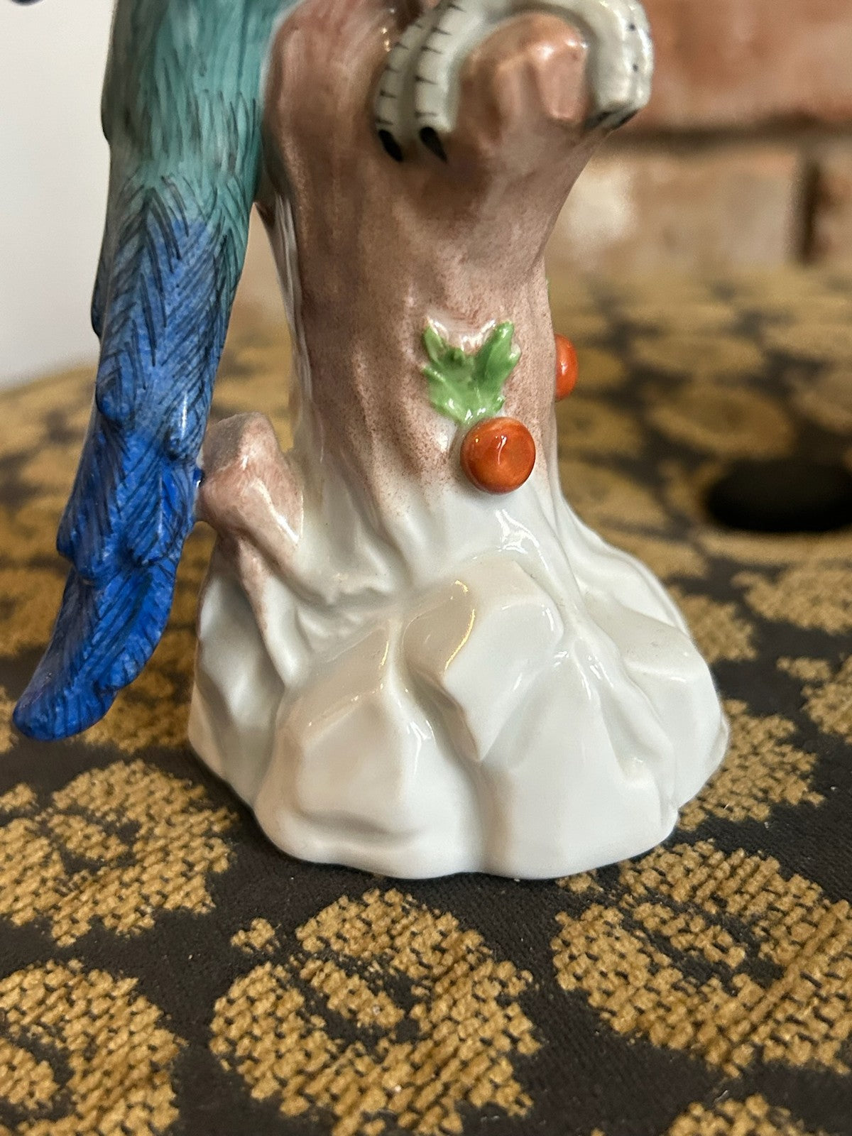 Pair Dresden Porcelain Green Parrot Figures Perched on Tree Stumps Blue Mark11