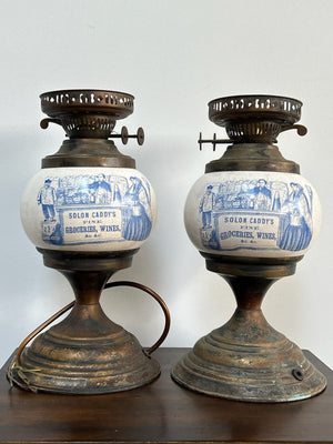 Pair Victorian Style Advertising Oil Lamps Grocer & Liquor A/F