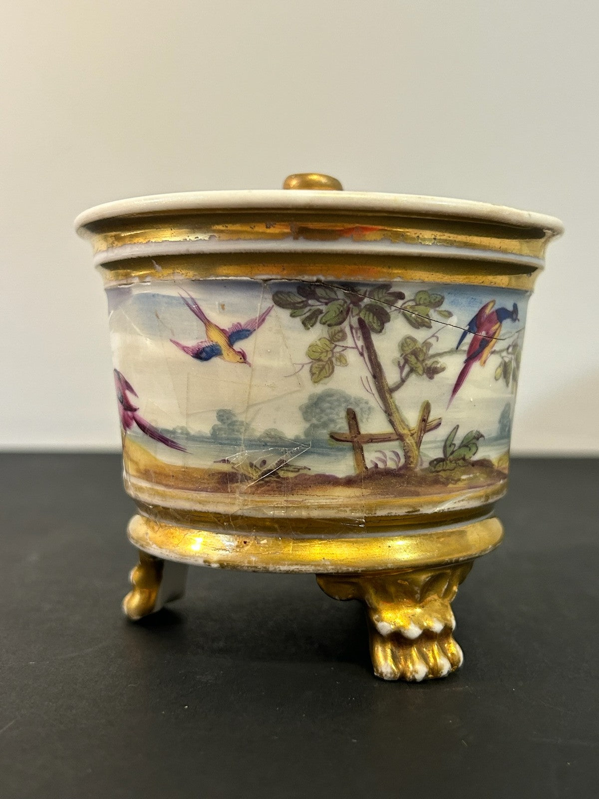 Antique English Porcelain Inkwell Painted Birds Gilt Lion Paw Feet c1820 A/F1