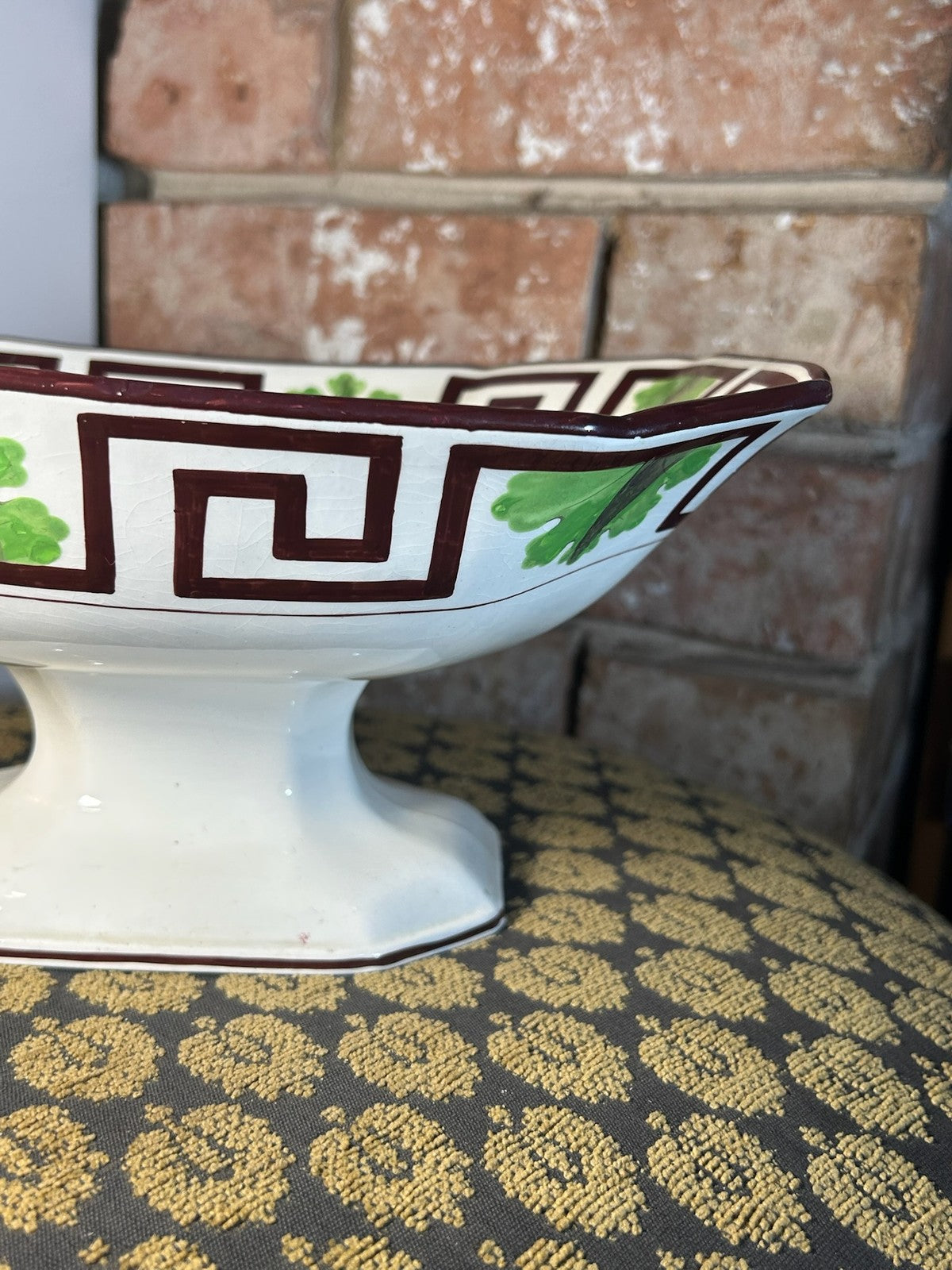 Antique Creamware Footed Dessert Dish Greek Key Green Leaves Octagonal c18103