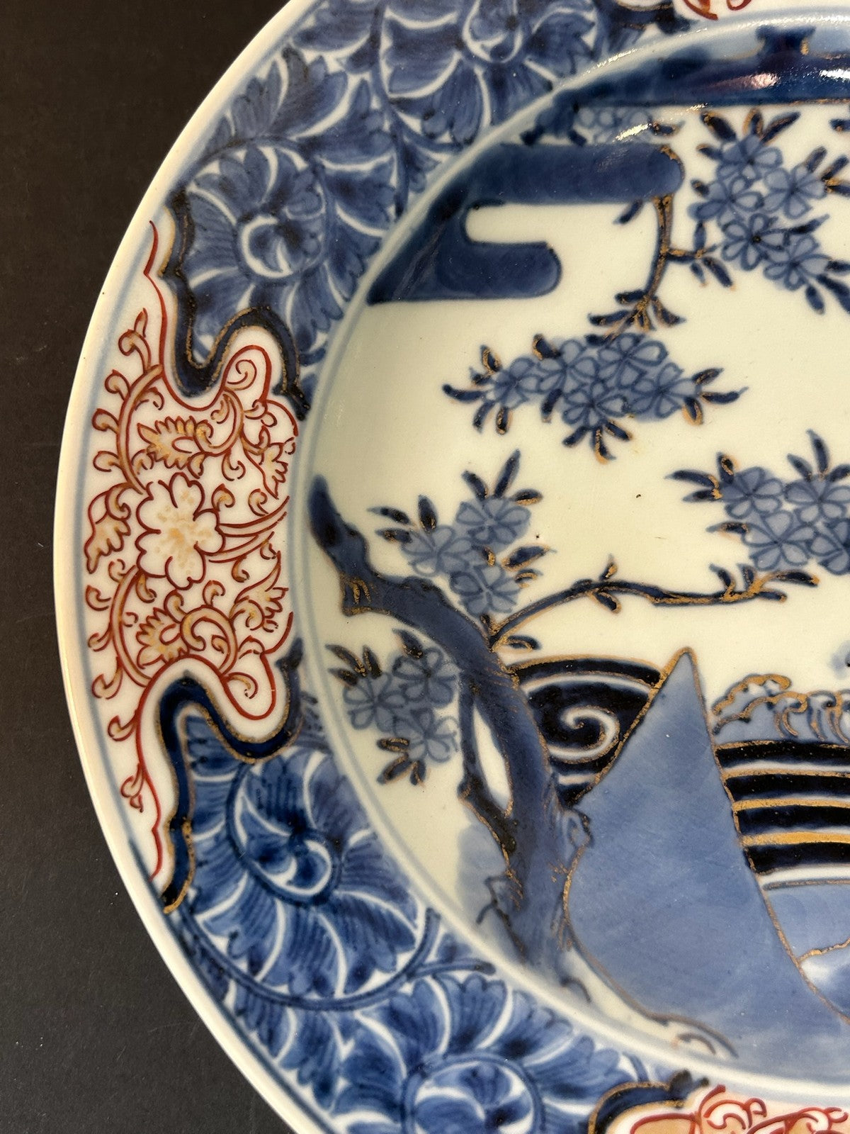 18th Century Japanese Arita Imari Dish Edo Pine Waves Chenghua Mark 23cm A/F1