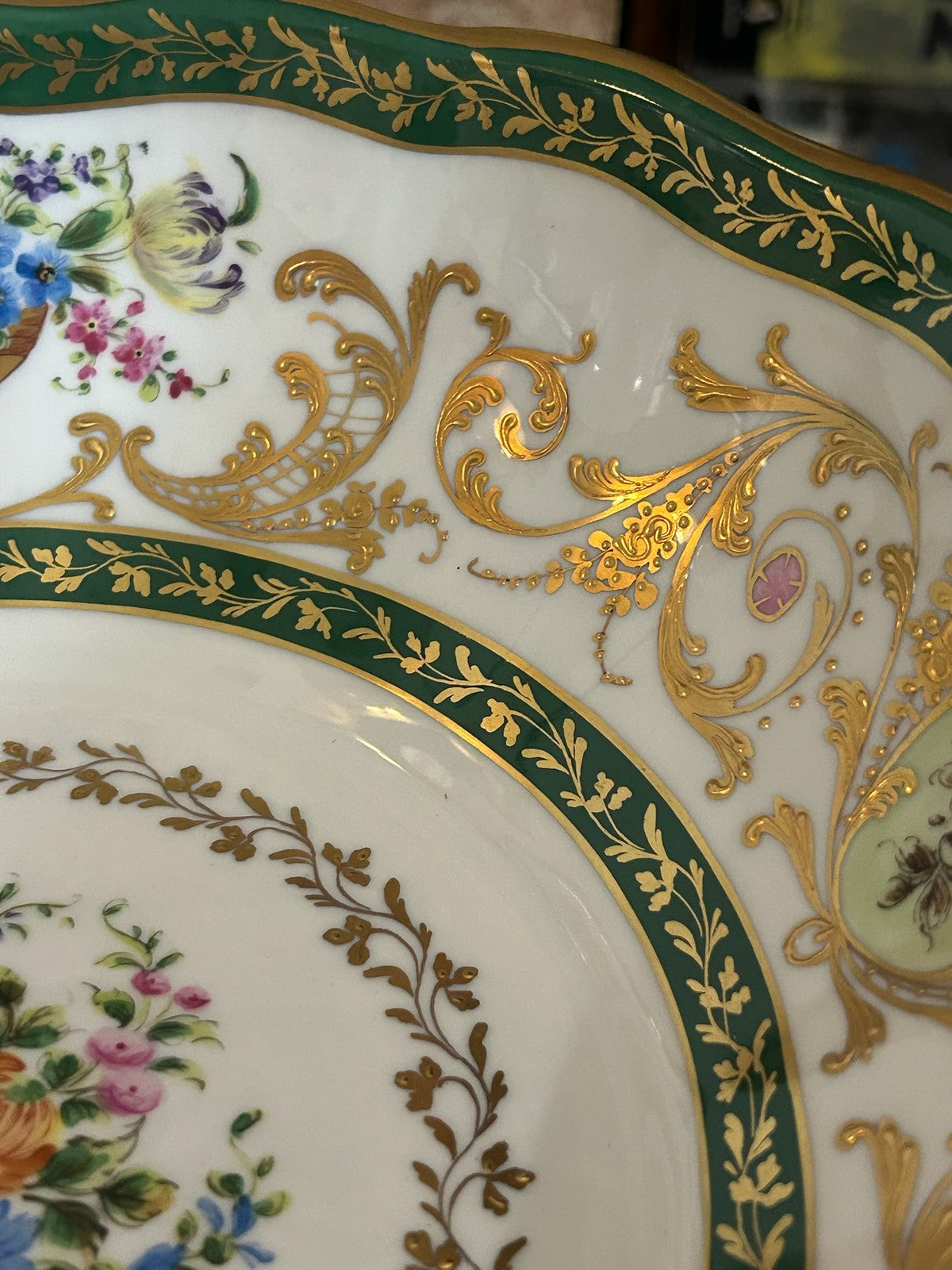 Le Tallec Paris Hand Painted Porcelain Bowl Green Gilt Border Floral Centre13
