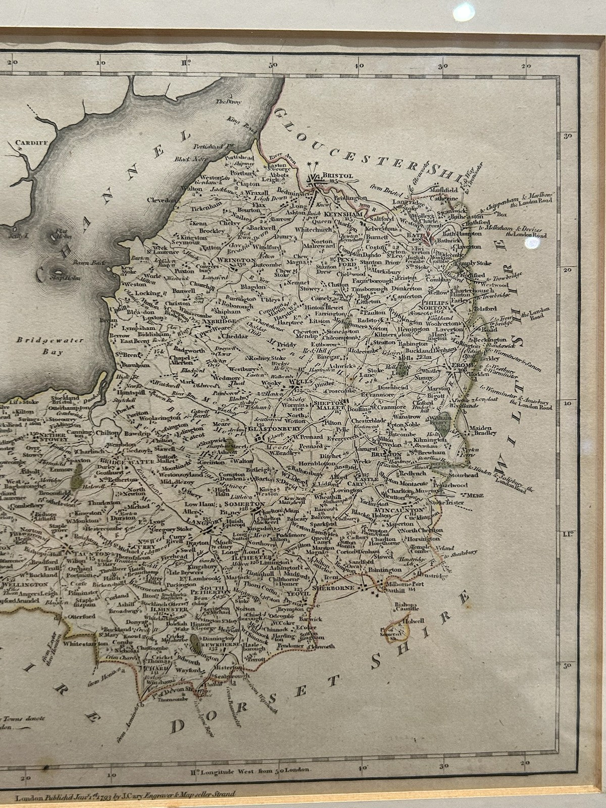 Antique 1793 John Cary Map of Somersetshire Somerset Hand Coloured Framed2