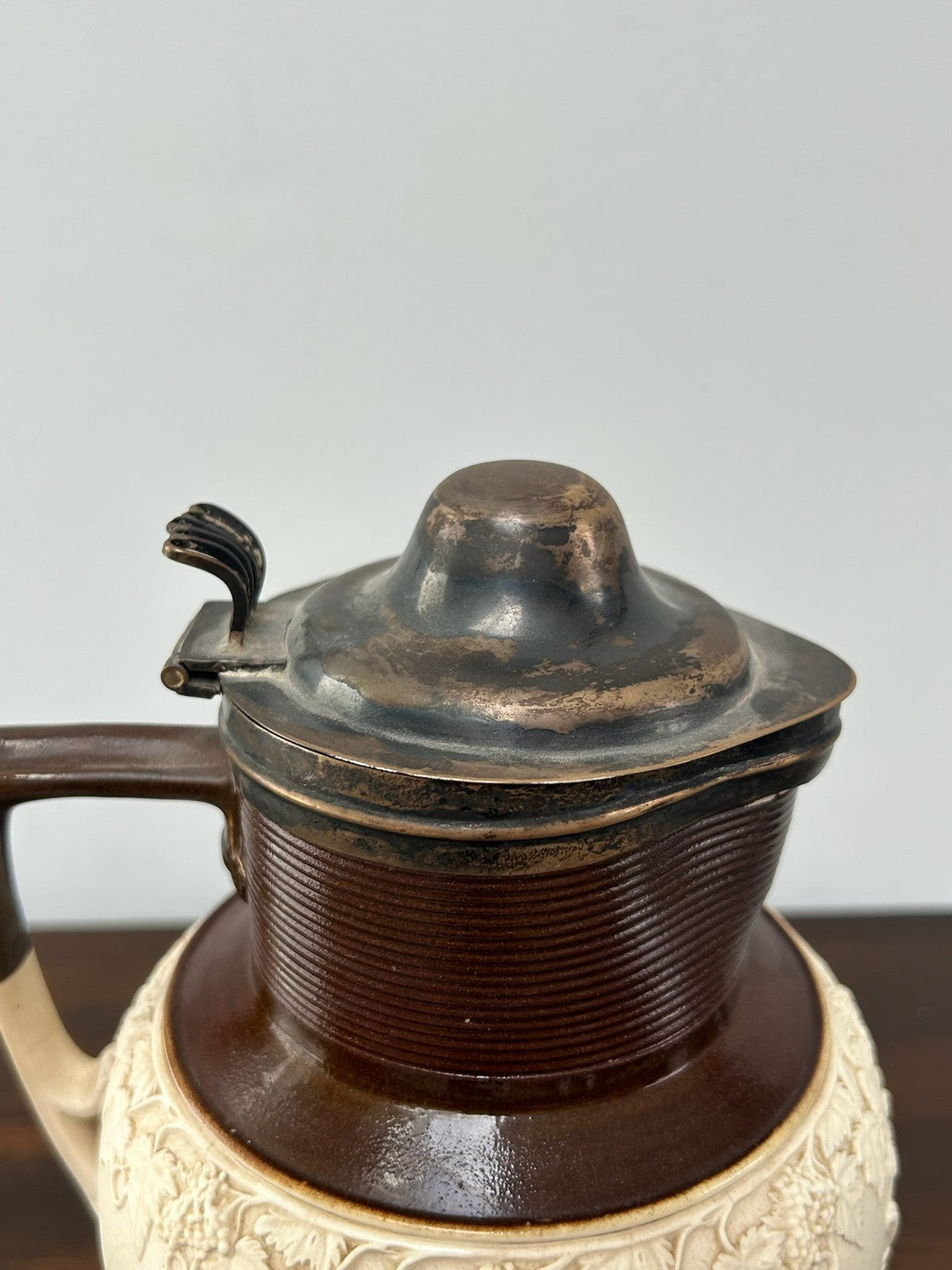 Turner Stoneware Jug Silver Lid 19cm Sprigged Relief Antique Georgian c18005