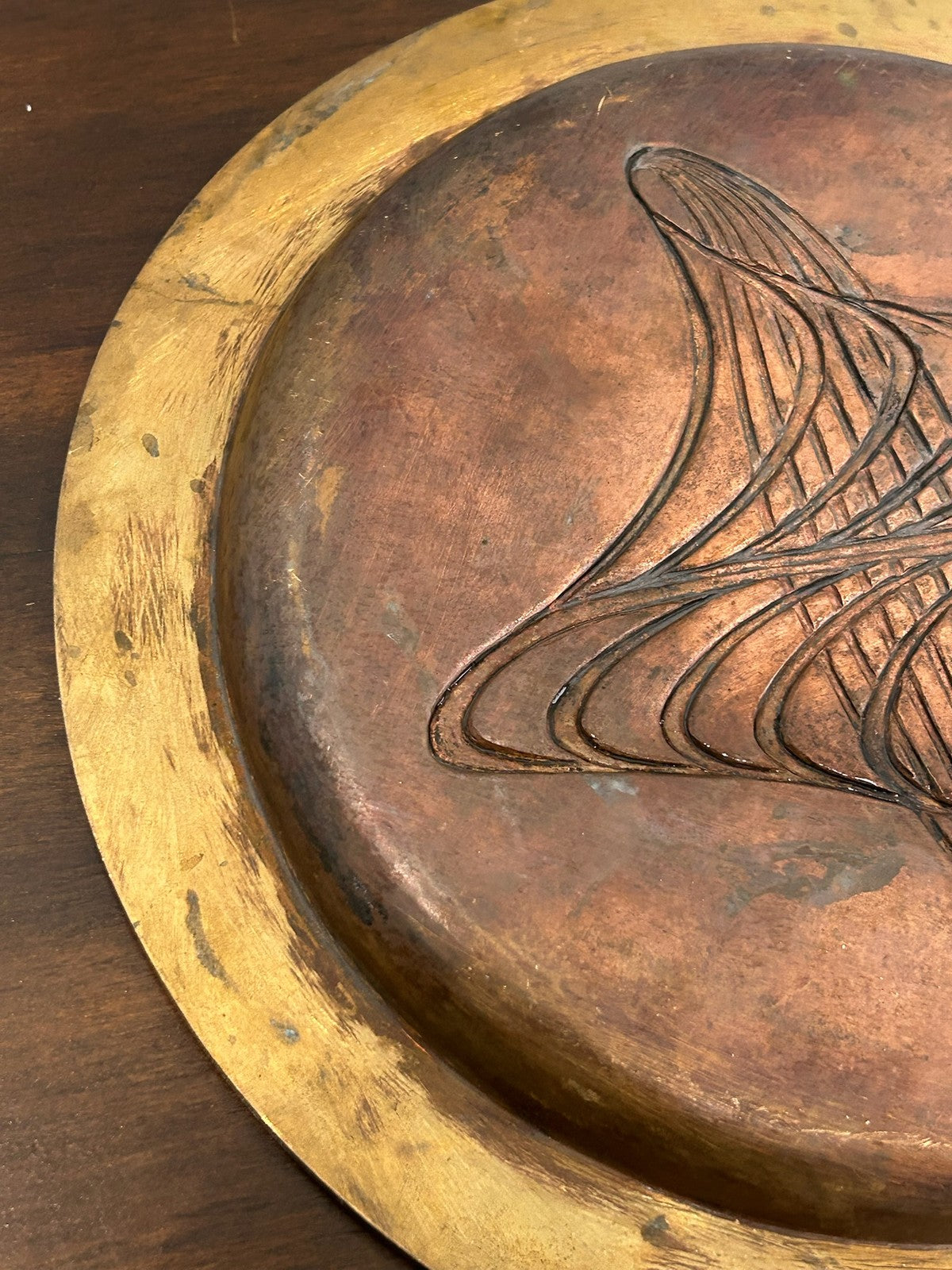 French Art Deco Dinanderie Copper Brass Tray Enamel Fan Motif c.1925407