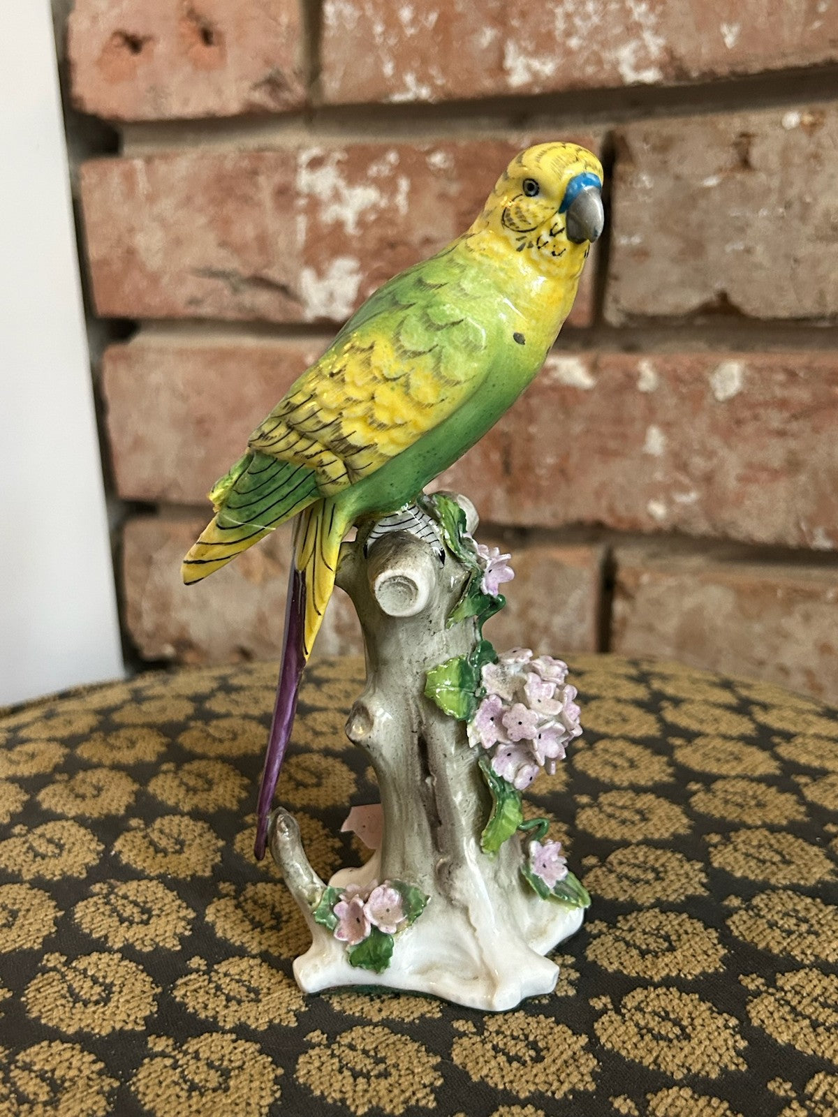 Capodimonte Porcelain Budgie Figure Flower Encrusted Stump Crowned N Repaired0