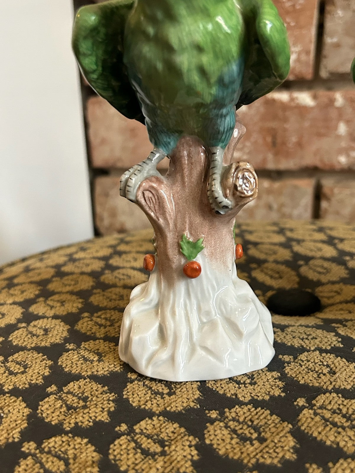 Pair Dresden Porcelain Green Parrot Figures Perched on Tree Stumps Blue Mark17