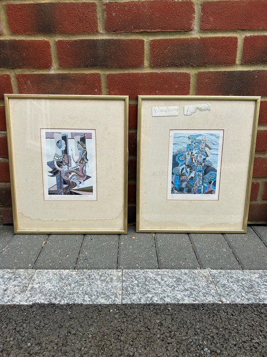 Pair of Israeli Artist Lithographs Framed Signed Vintage MidCentury0