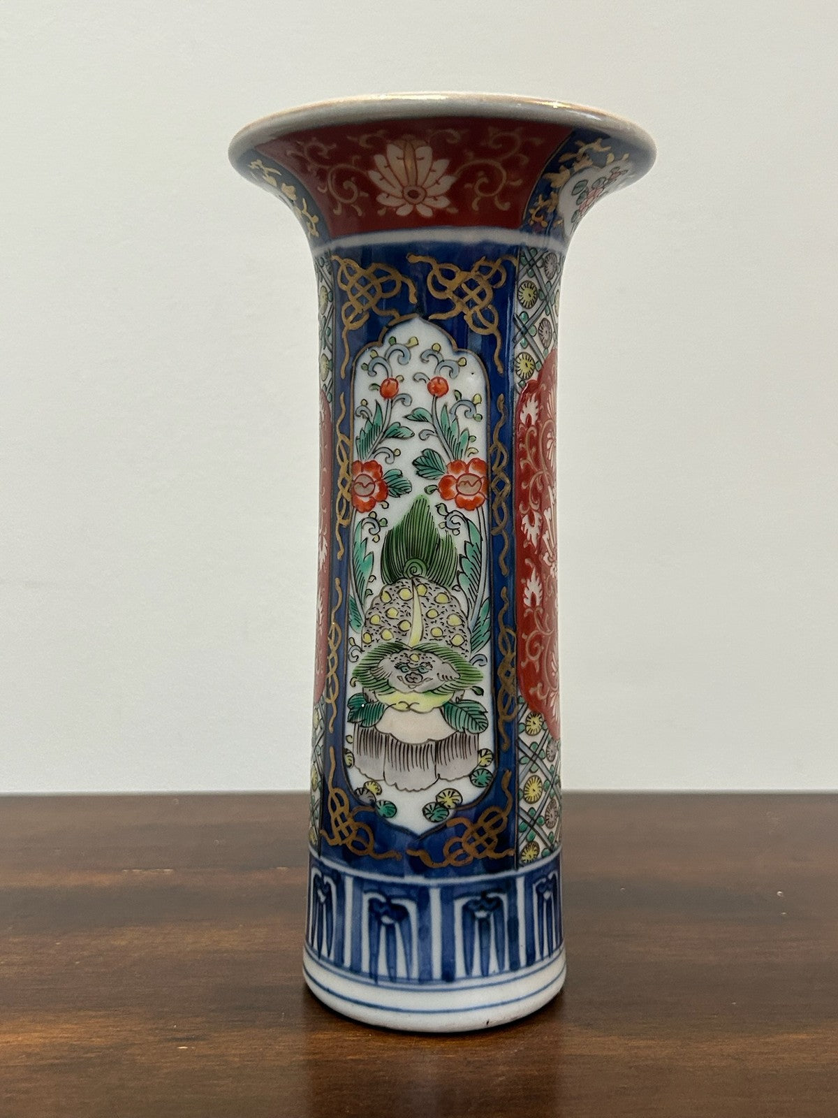 Antique Japanese Arita Imari Sleeve Vase Blue Iron Red Gilt Panels3