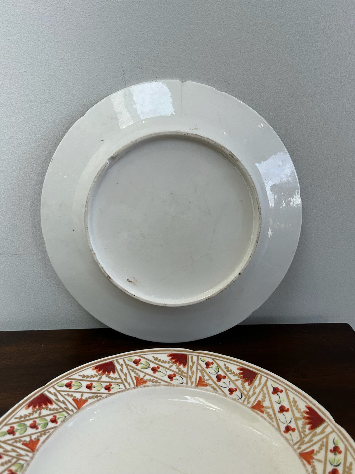 Pair Antique English Porcelain Plates Iron Red Stylised Leaf Border A/F6