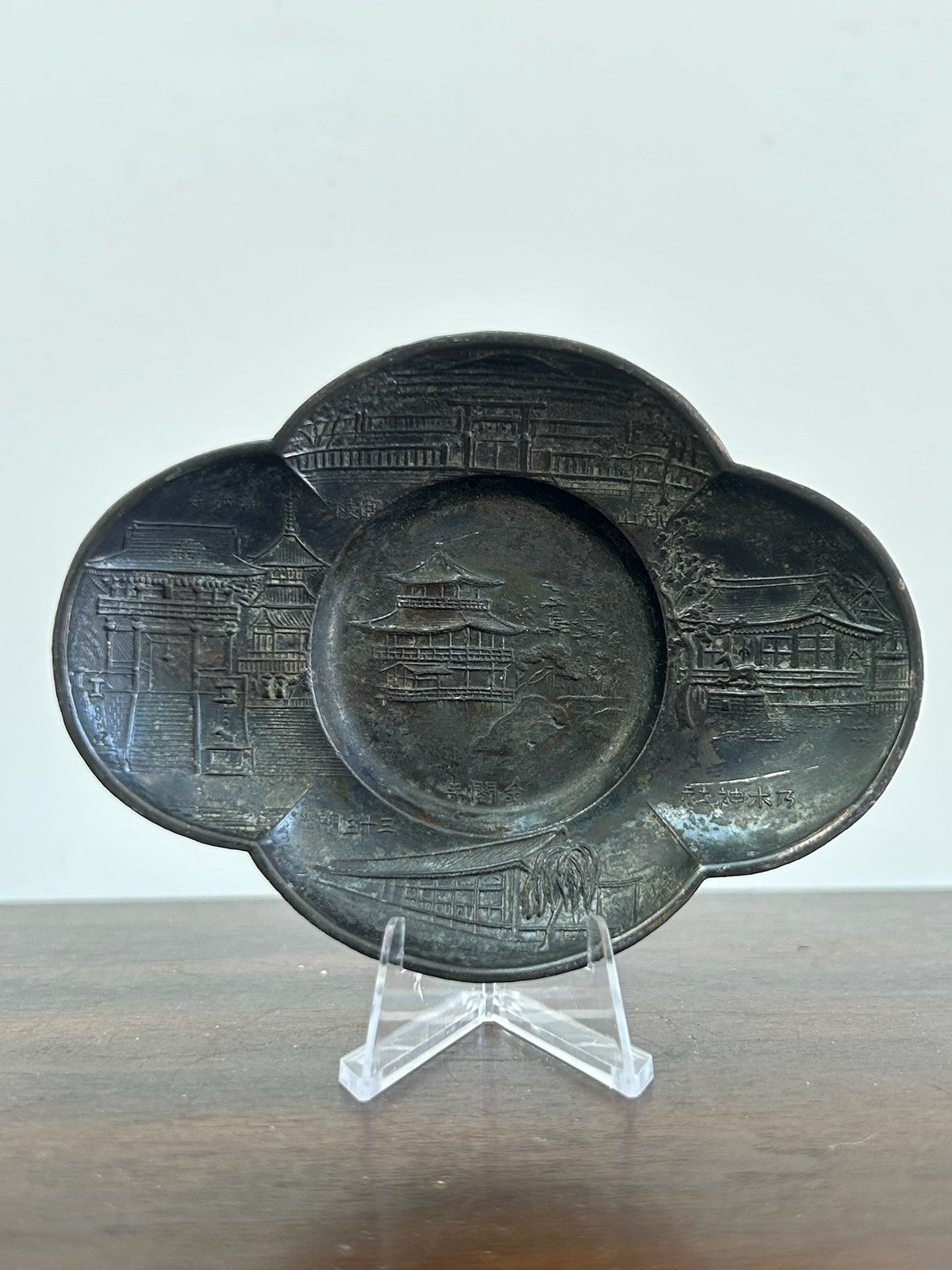 Japanese Taisho Era Cast Iron Mokko Dish Pagoda Temple Scene c.19200