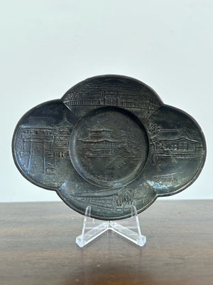 Japanese Taisho Era Cast Iron Mokko Dish Pagoda Temple Scene c.1920