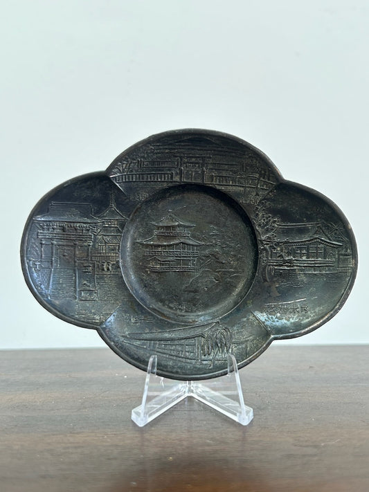 Japanese Taisho Era Cast Iron Mokko Dish Pagoda Temple Scene c.19200