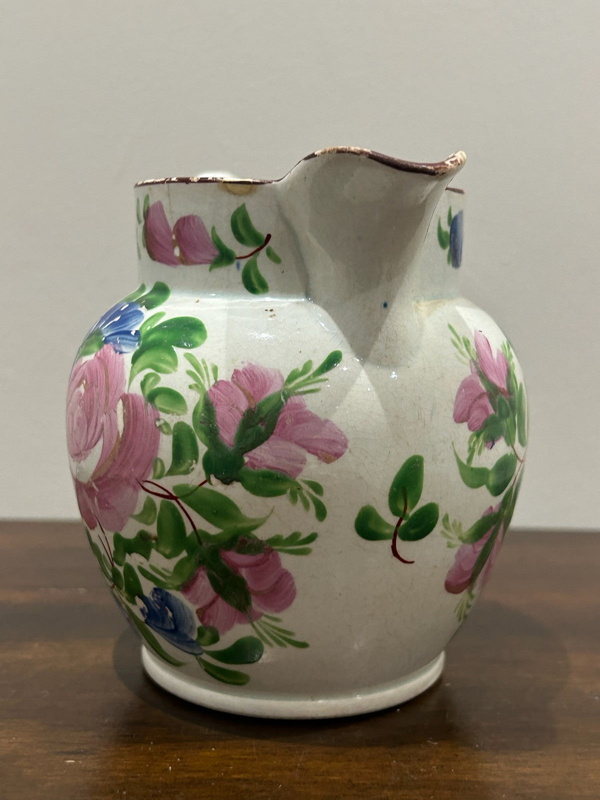 Georgian Pearlware Jug Hand Painted Enamel Pink Cabbage Rose c.18204