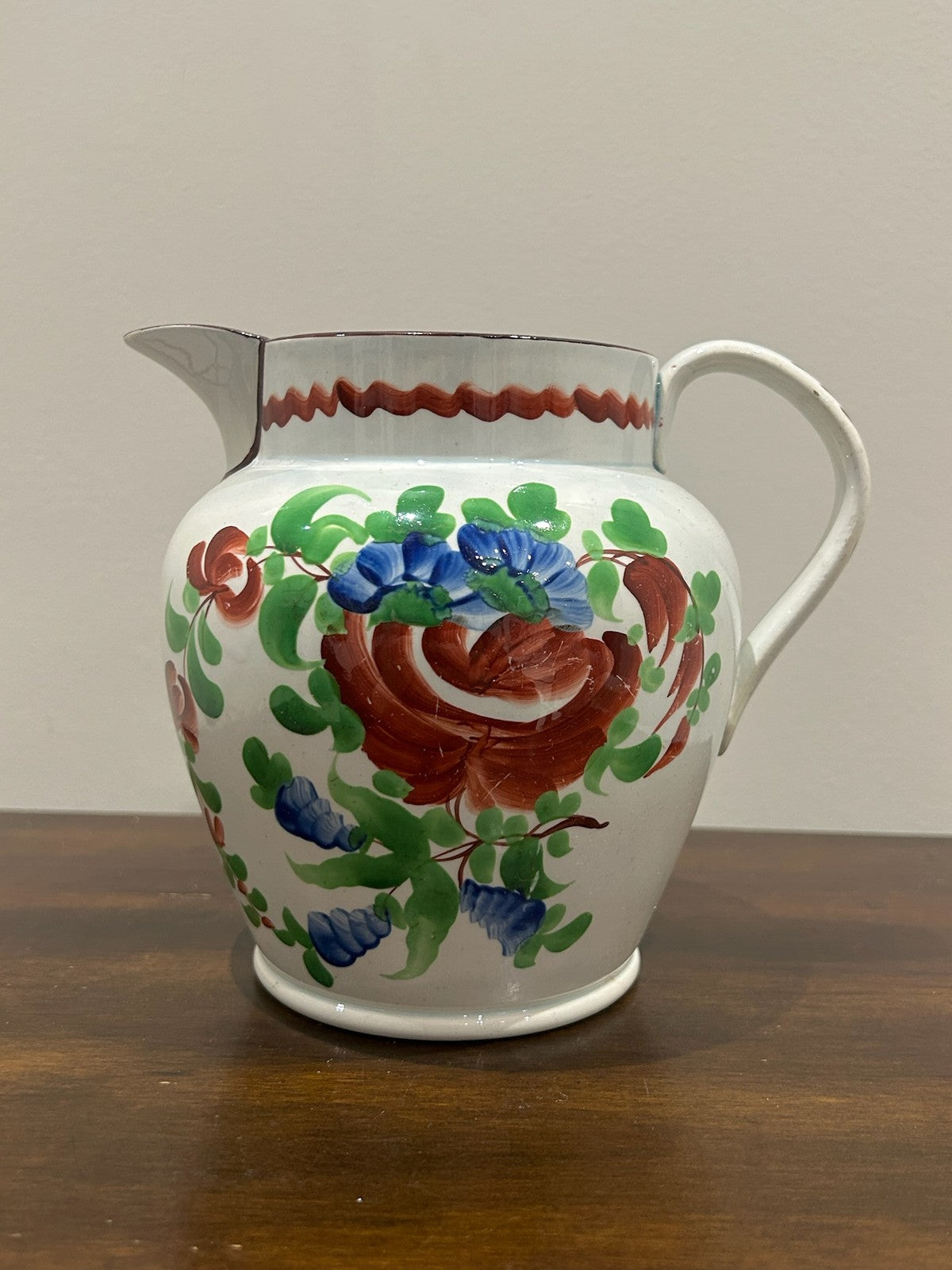 Georgian Pearlware Jug Hand Painted Enamel Red Roses c.18202