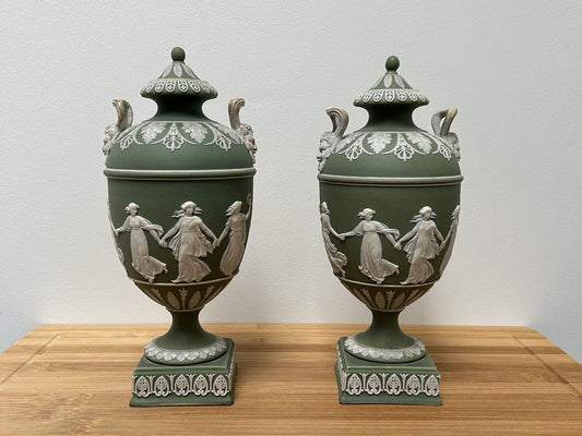 Wedgwood Pair Jasperware Twin Handle Vases Lidded Pair 23cm Urn Green