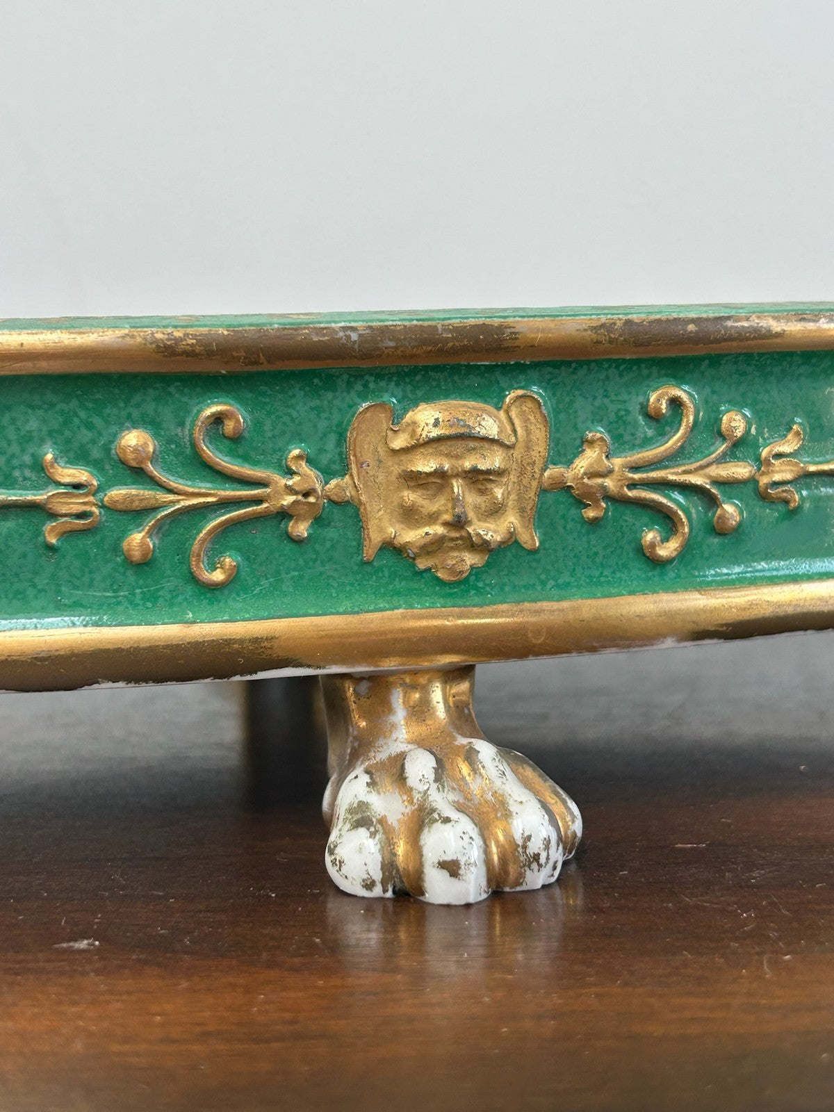 Antique Green Ground Porcelain Plateau Stand Gilt Paw Feet Floral Centre8