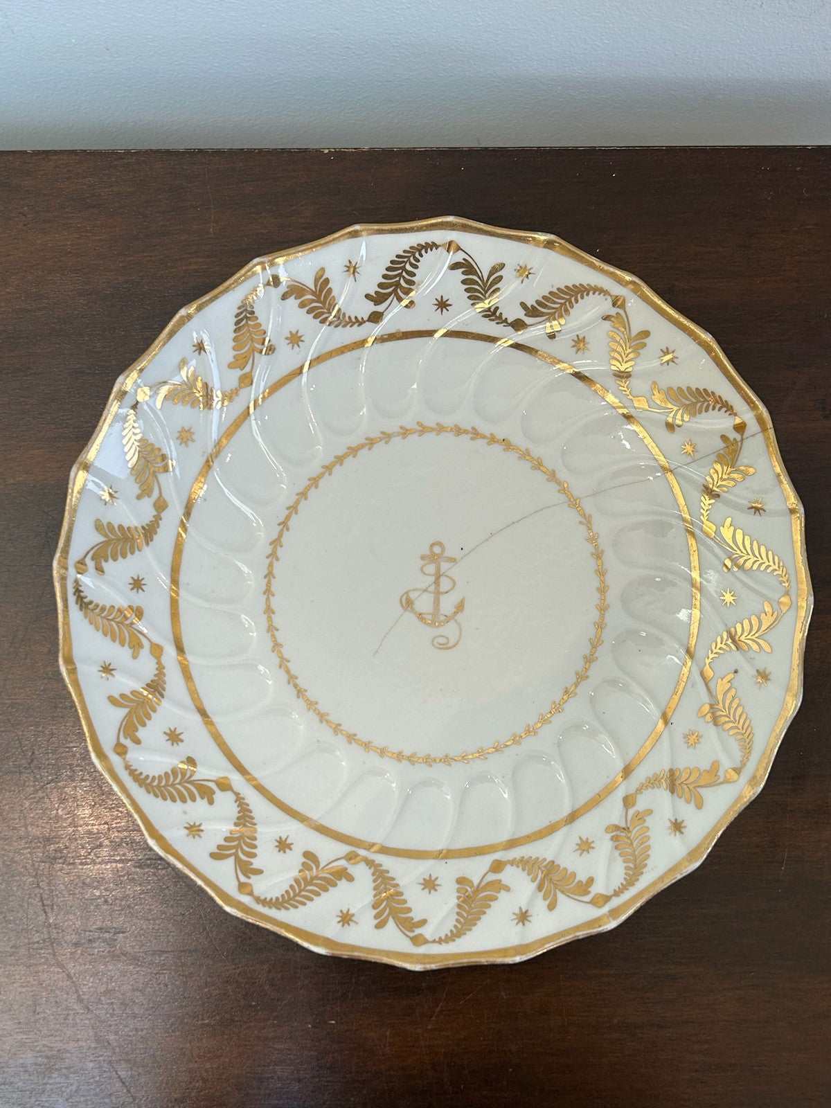 Antique Porcelain Dessert Plate Gilt Moulded Border Gilt Anchor Crest A/F1