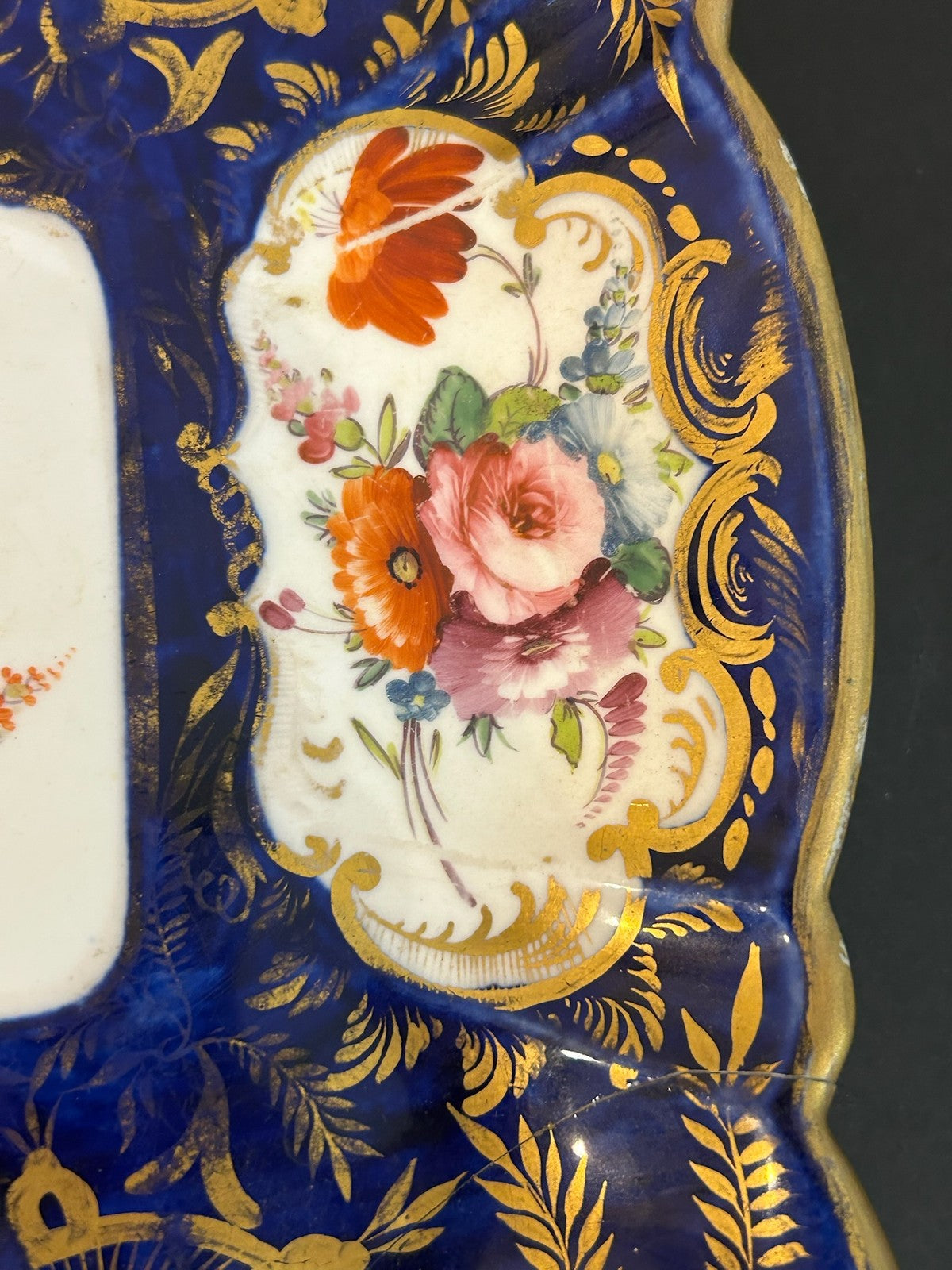 Antique English Porcelain Square Dish Cobalt Gilt Hand Painted Flowers A/F5