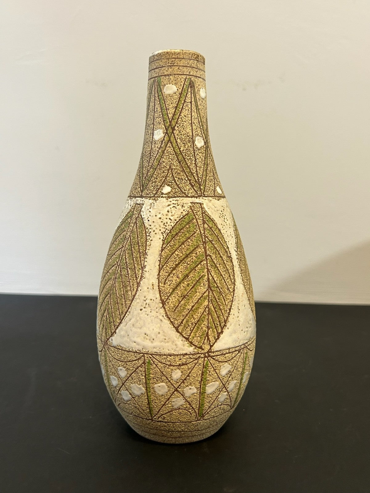 1960s Italian Studio Pottery Bottle Vase Sgraffito Diamond Leaf 23cm0
