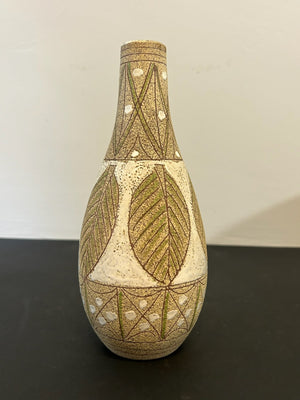 1960s Italian Studio Pottery Bottle Vase Sgraffito Diamond Leaf 23cm