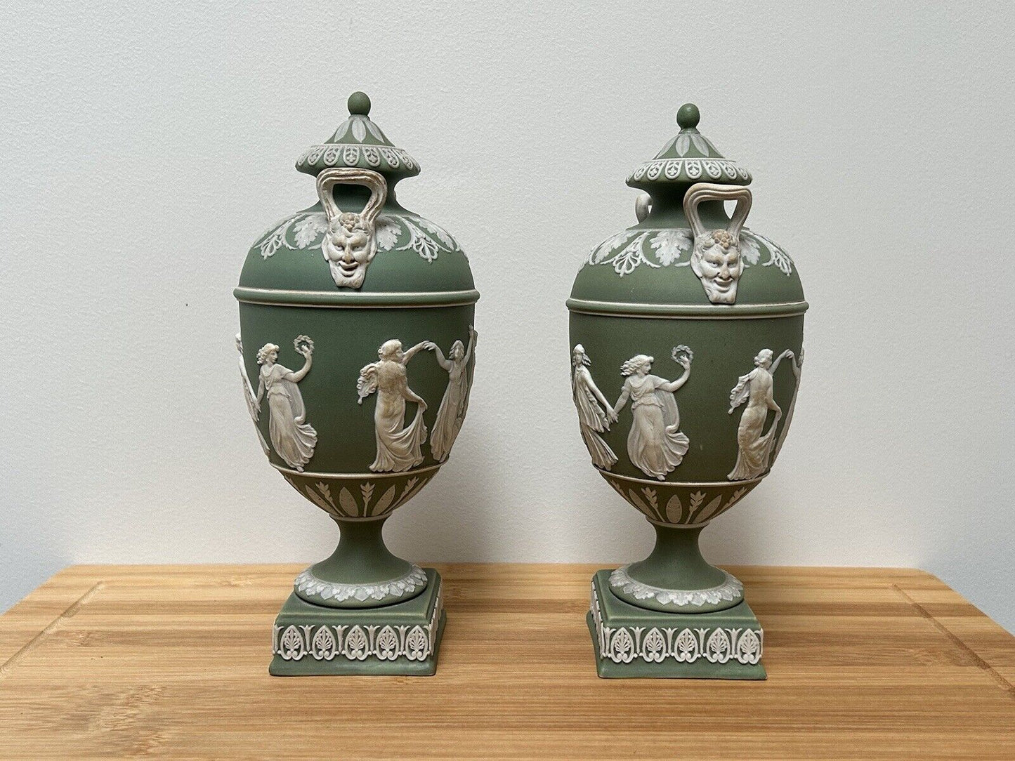 Wedgwood Pair Jasperware Twin Handle Vases Lidded Pair 23cm Urn Green