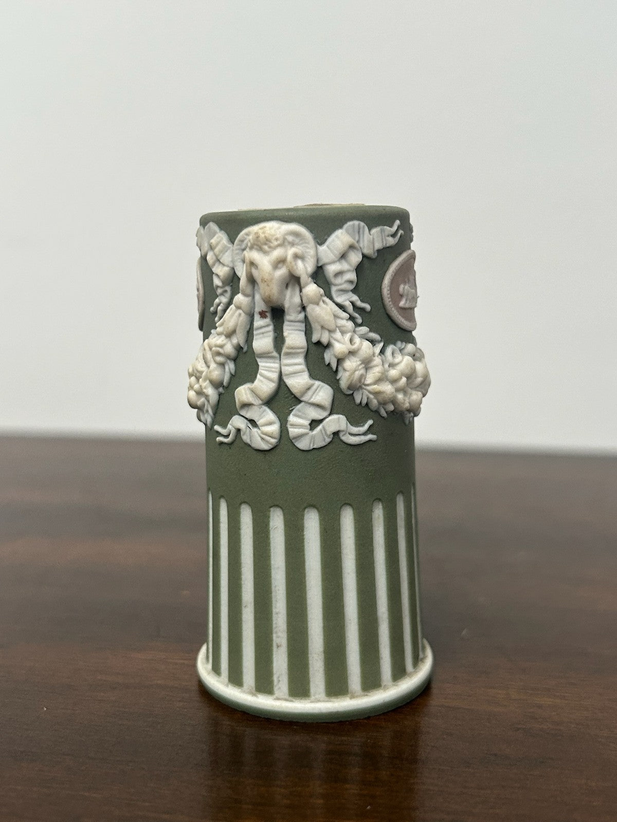 Antique Tricolour Jasperware Spill Vase Green Lilac White Masks Swags2