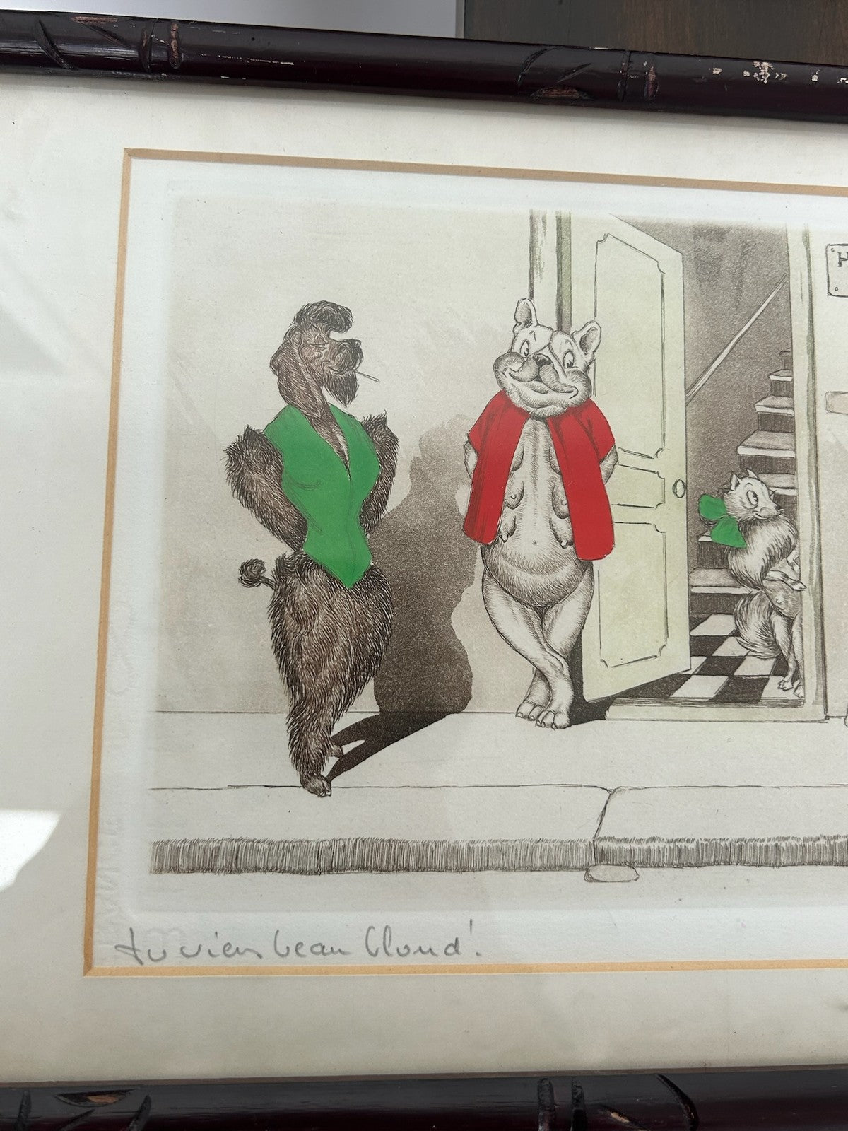 Pair Boris O'Klein Dirty Dogs of Paris Comic Drypoint Etchings Signed Framed2
